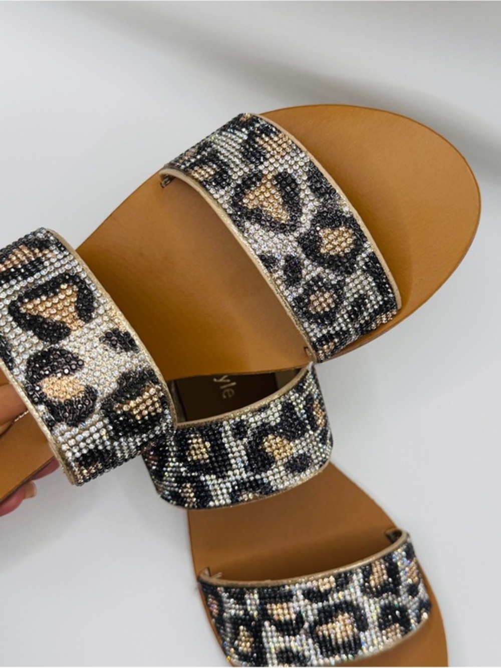 Women’s Leopard Print Shimmer Double-Strap Slide Sandals - Size 10